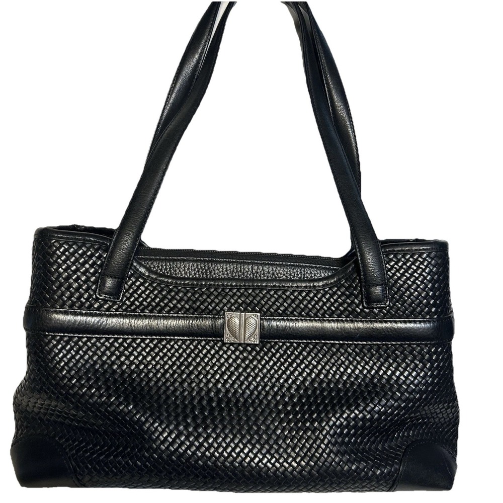 Brighton Black Woven Leather Shoulder Bag Heart Hardware C793747‎ Mens Womens